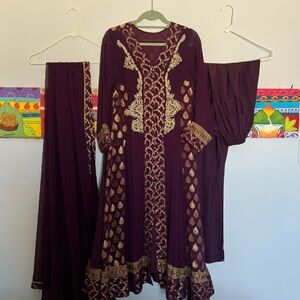 Plum Anarkali Dress with Gold Accents